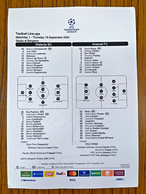 Atalanta BC vs Arsenal Champions League Team Sheet 19/9/2024
