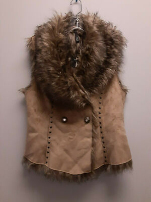 RU Apparel Faux Fur Lined Double Breasted Suede Vest, Size Medium