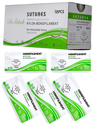 3/0 Nylon Monofilament Training Suture Threads Emergency First Aid Kit Tool 12PK