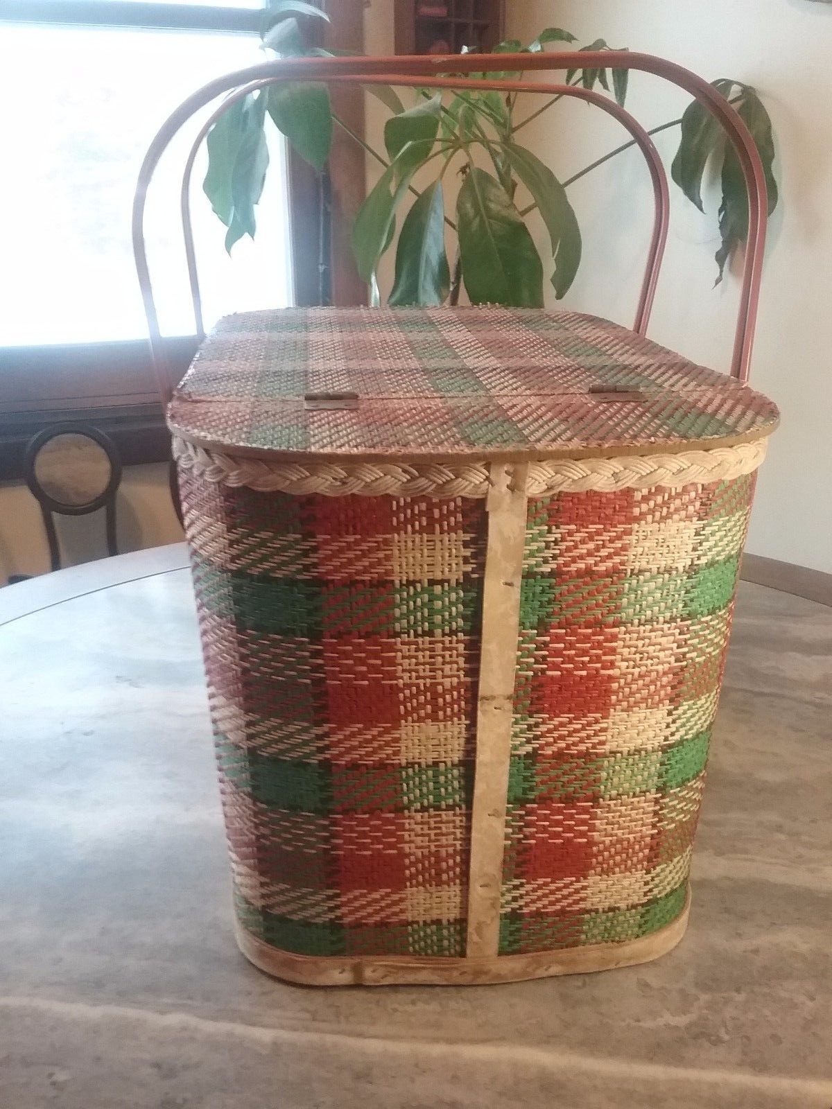 Vintage REDMON  Green/Burnt Orange/Tan Plaid  PICNIC BASKET