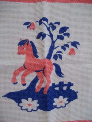VINTAGE 1 CHILD'S PLACE MAT WHITE BROAD CLOTH PINK & BLUE PONY ~ JUST ADORABLE