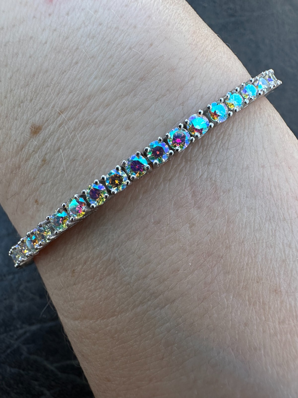 Pre-owned Silver Real Iced Opal Rainbow Moissanite 3mm Tennis Bracelet 925  Diamond Tester