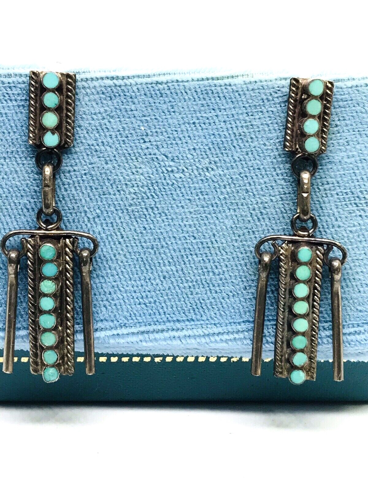 Silver Snake Eye Petit Point Turquoise Chandelier Post Drop Dangle Earrings