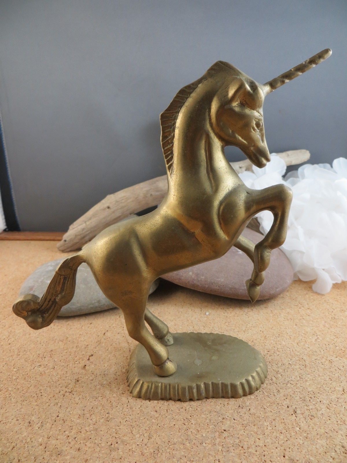 Vintage Antique Brass Metal Rearing Horse Unicorn Figurine on base 6