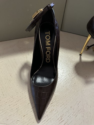 Pre-owned Tom Ford $1290  Lock 105mm Croco Ankle-strap Shoes Chocolate 9 Us/39 Eu In Brown