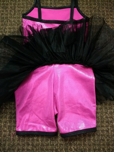 NWOT Curtain Call Dance Competition Hot Pink Leotard Black Tutu Size CSM