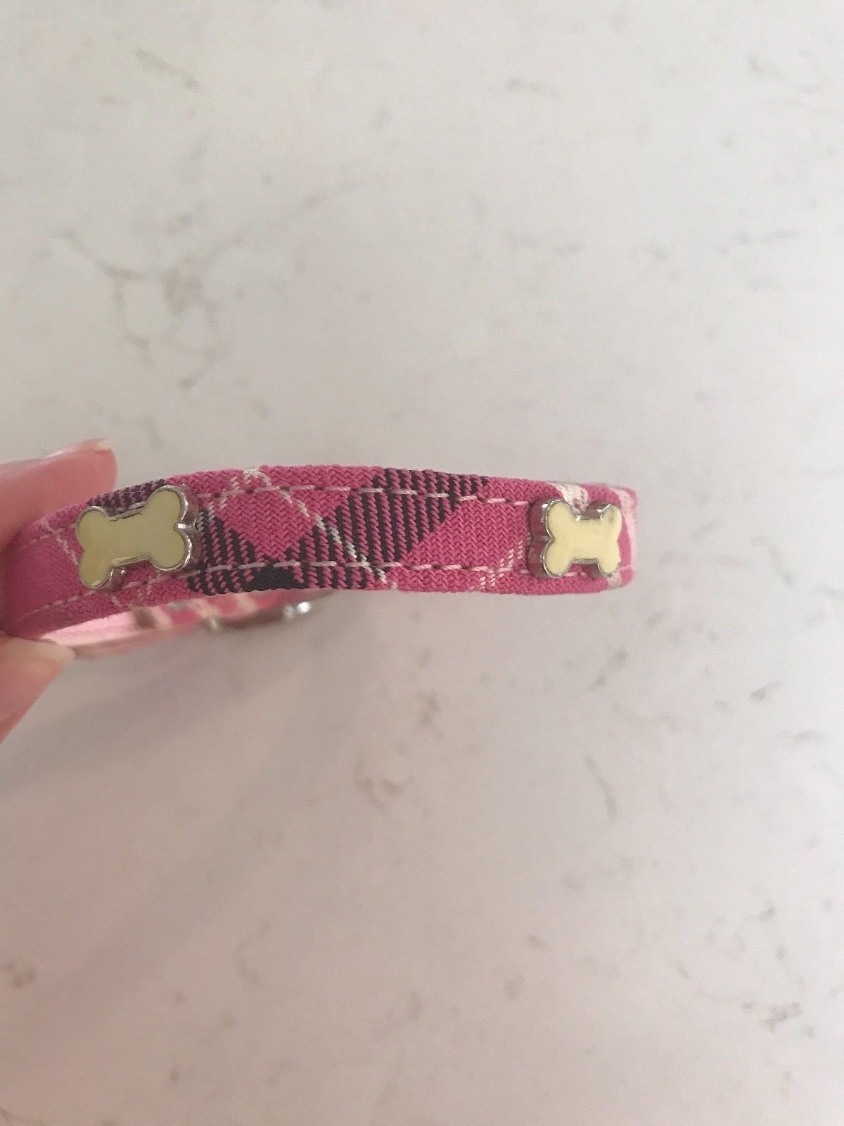 Dog Puppy Collar Nacklace Bone Pink Plaid Leather 15 inch Small