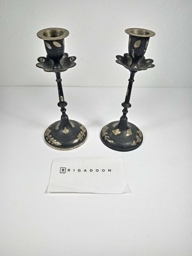 Antique Black and Sterling Silver Candle Holder Pair - India