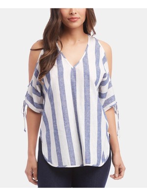 

KAREN KANE Женский белый топ в полоску с открытыми плечами, рукавом 3/4 и V-образным вырезом Размер