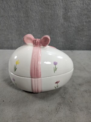Small 2 Piece Ceramic EASTER EGG Candy Dish 4.5  Tall White With Pink Bow