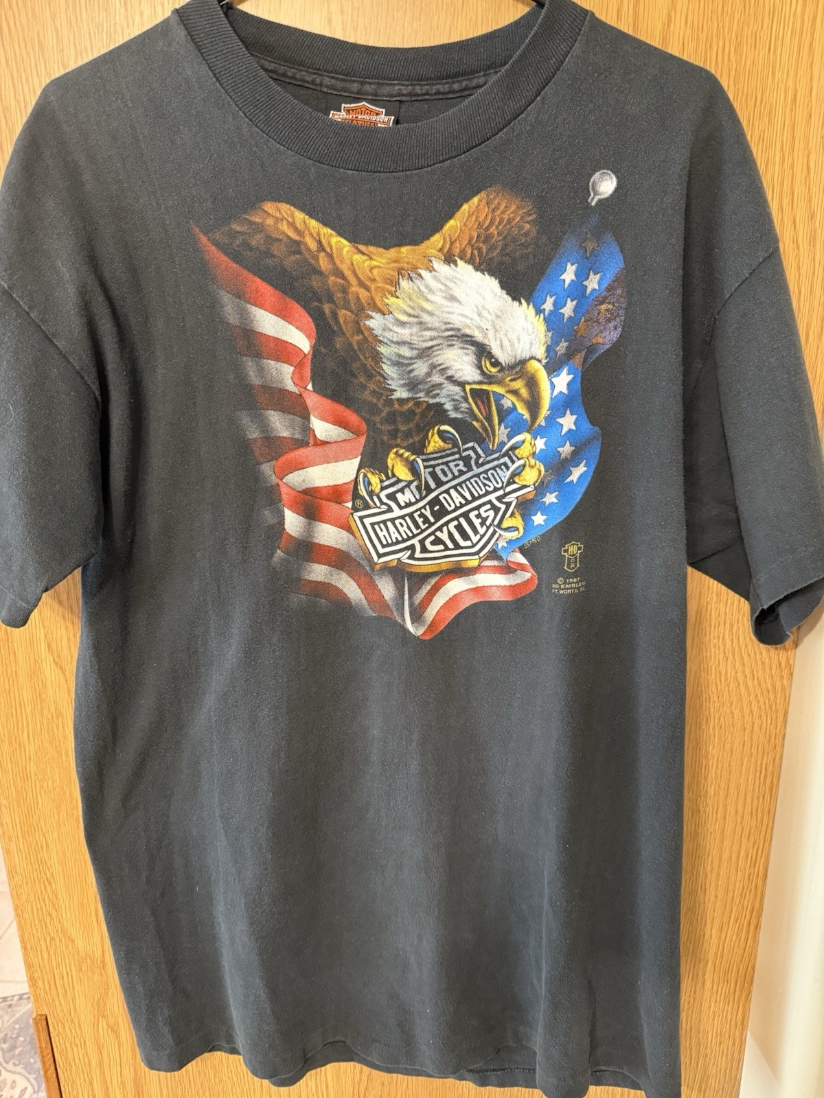 Vintage Harley Davidson Shirt Men's Sz XL Black 80s 3D Emblem Eagle 1987 Flag