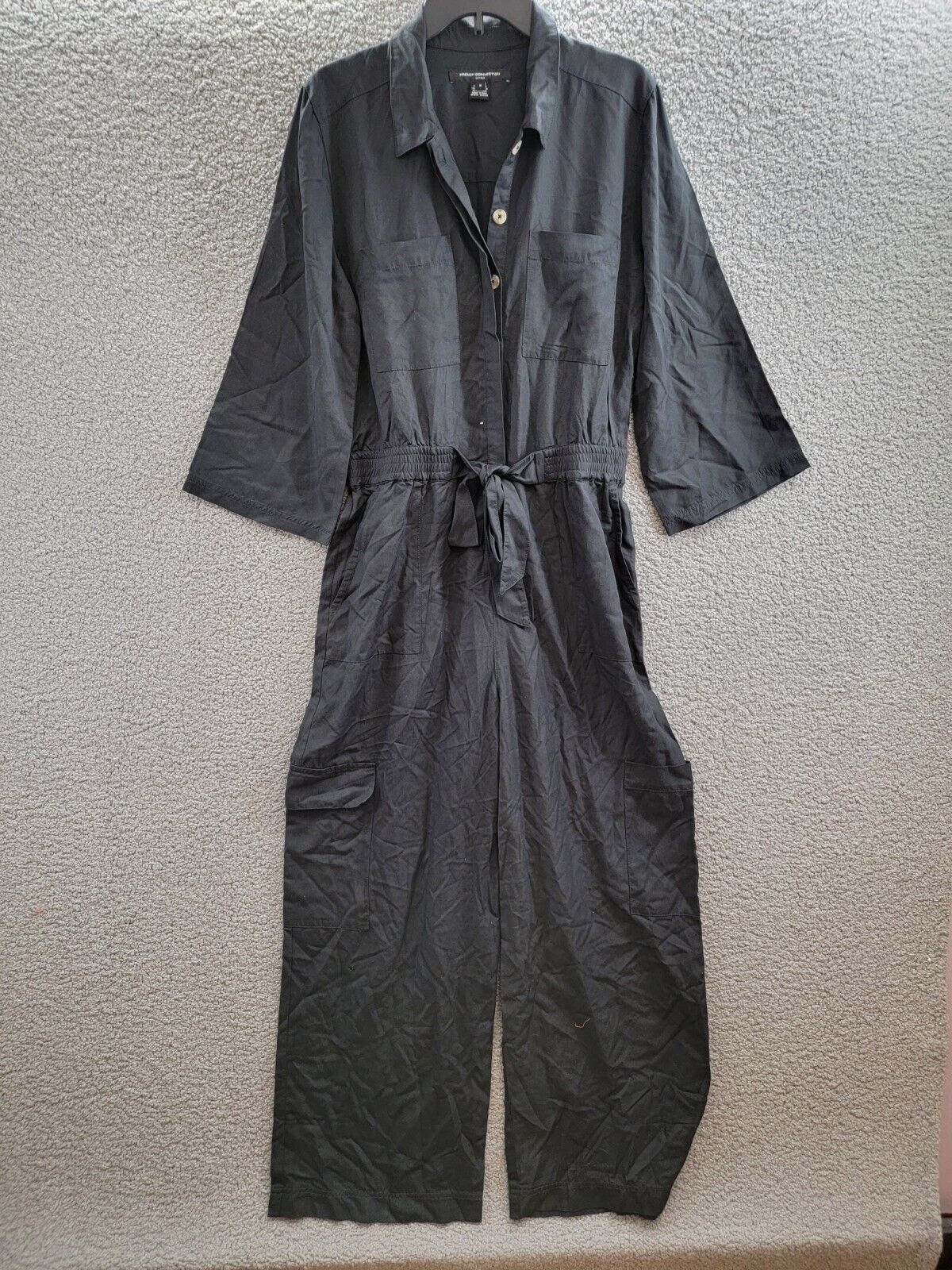 French Connection Elkie Button-Down Cargo Jumpsuit Women's M Black Tie Waist - Picture 2 of 20