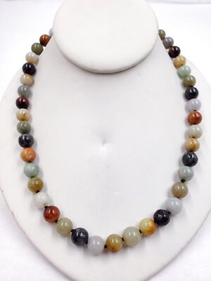 Silver Tone Toggle Clasp Knotted Cording Multicolor Jade Beads Necklace