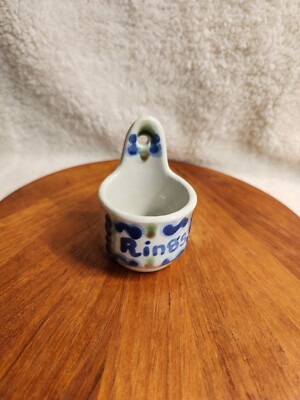 Vintage MA HADLEY Blue & White Pottery Ring Holder  Wall Mount