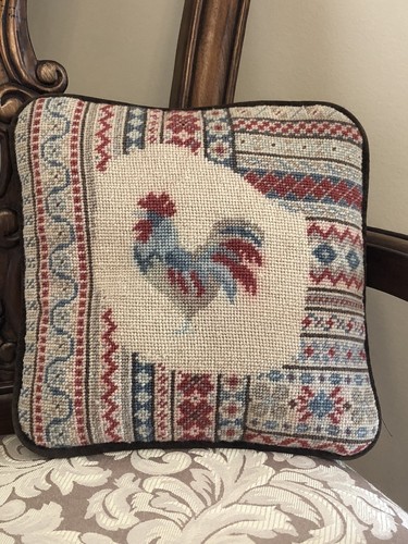 Vintage Multi Color Needle Point Finished Canvas Rooster Throw Pillow 9.5