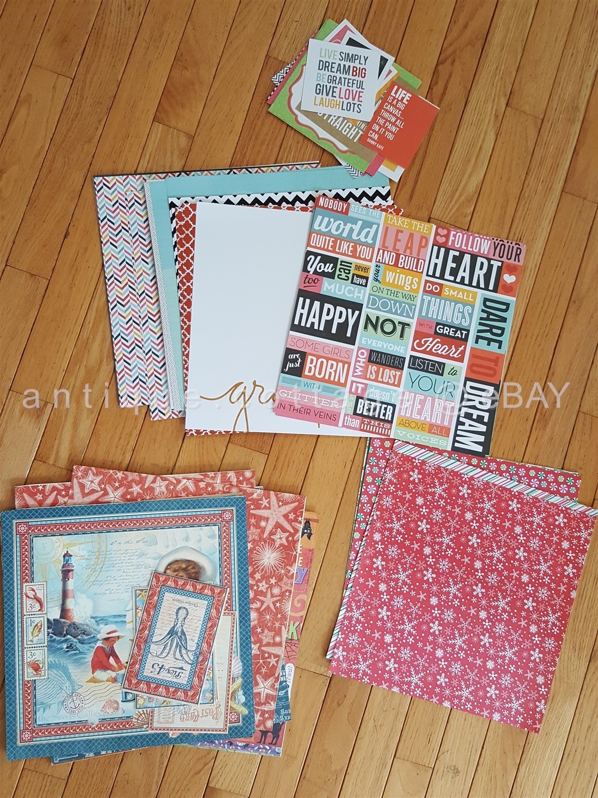 LOT 64pc SCRAPBOOK PAPER w 27 CARDS beach halloween christmas travel wordart kit