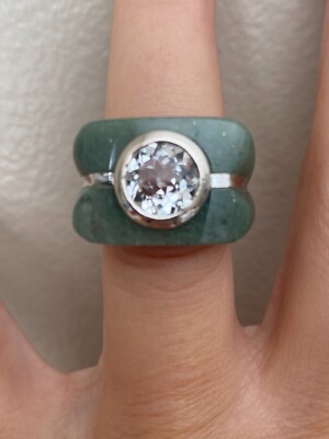 Genuine Carved Green Jade & White Topaz 925 Silver Band Ring Size 7