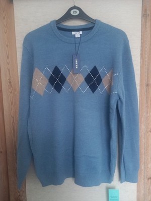 Mens Maine Crew Neck Argyle Jumper Blue Large BNWT