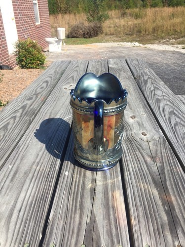 Beautiful Northwood Carnival Glass Peacock at the Fountain Pitcher Cobalt Blue