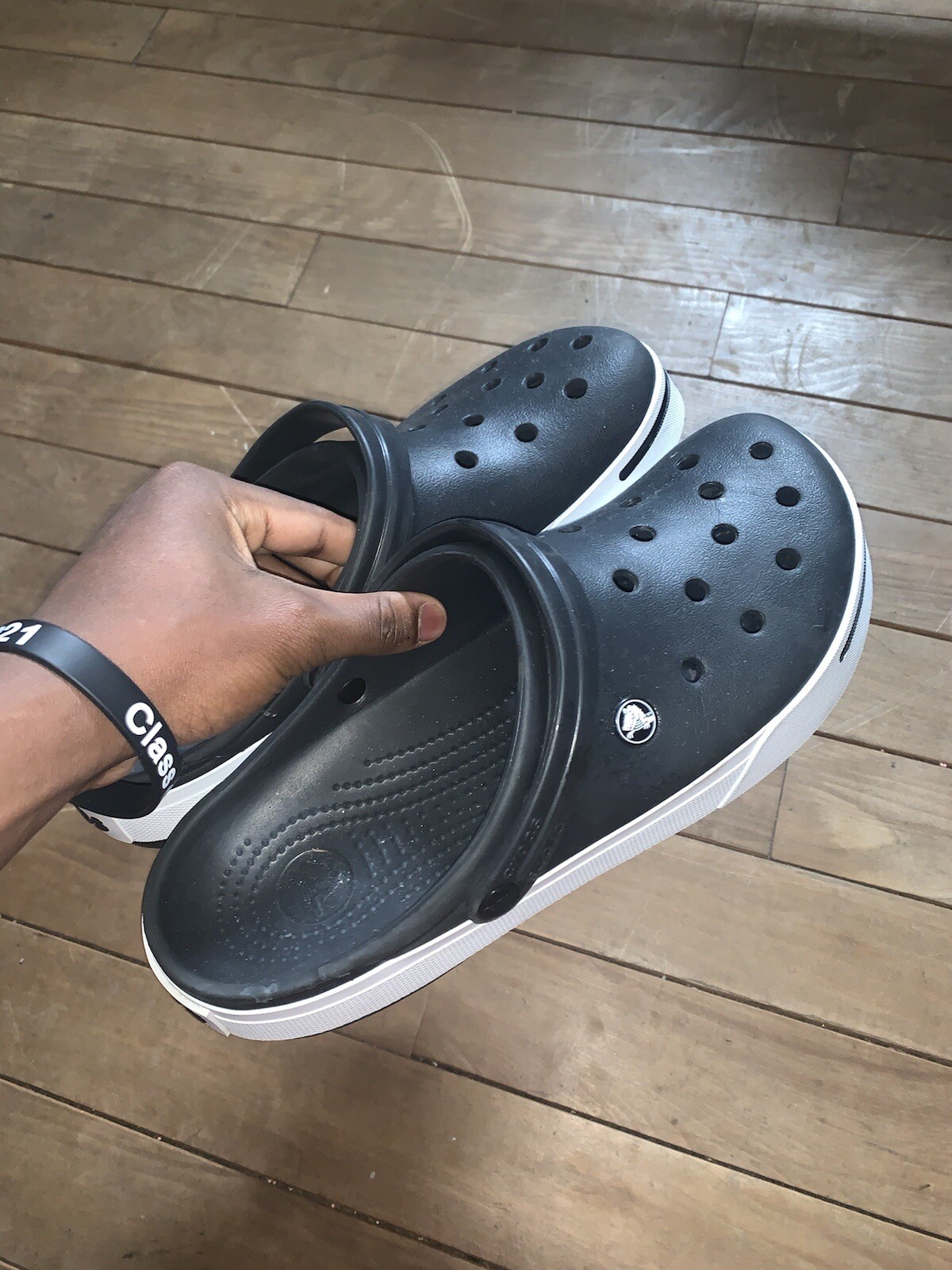white and black crocs