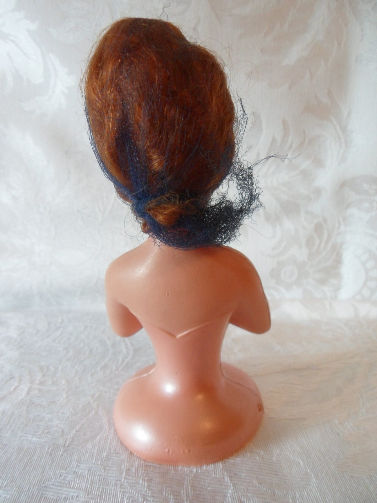 Celluloid Pin Cushion Half Doll Mohair Wig Hair Net Arms Crossed 5.5