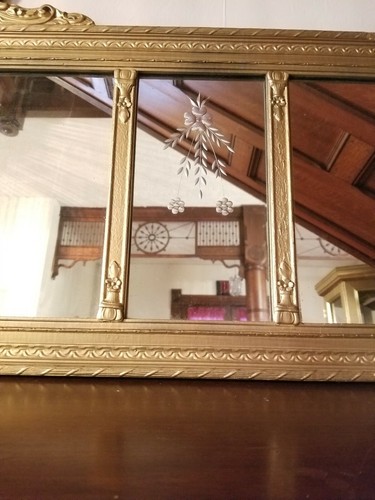 Antique Gold Gilt Wood Carved 5 Panel Victorian Mirror Reverse Etched Floral...