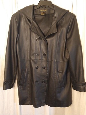Giorgio Sant  Angelo Black Leather Button Front Coat w/Hood Women's Size Large 