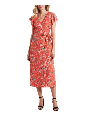 

VINCE CAMUTO Женское коралловое платье миди с запахом и развевающимися рукавами на подкладке, Коралл