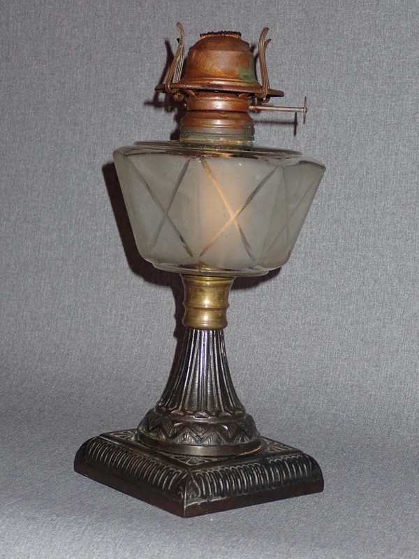 Lamp Etched Glass With Cast Iron Base By M. B. Co Ny