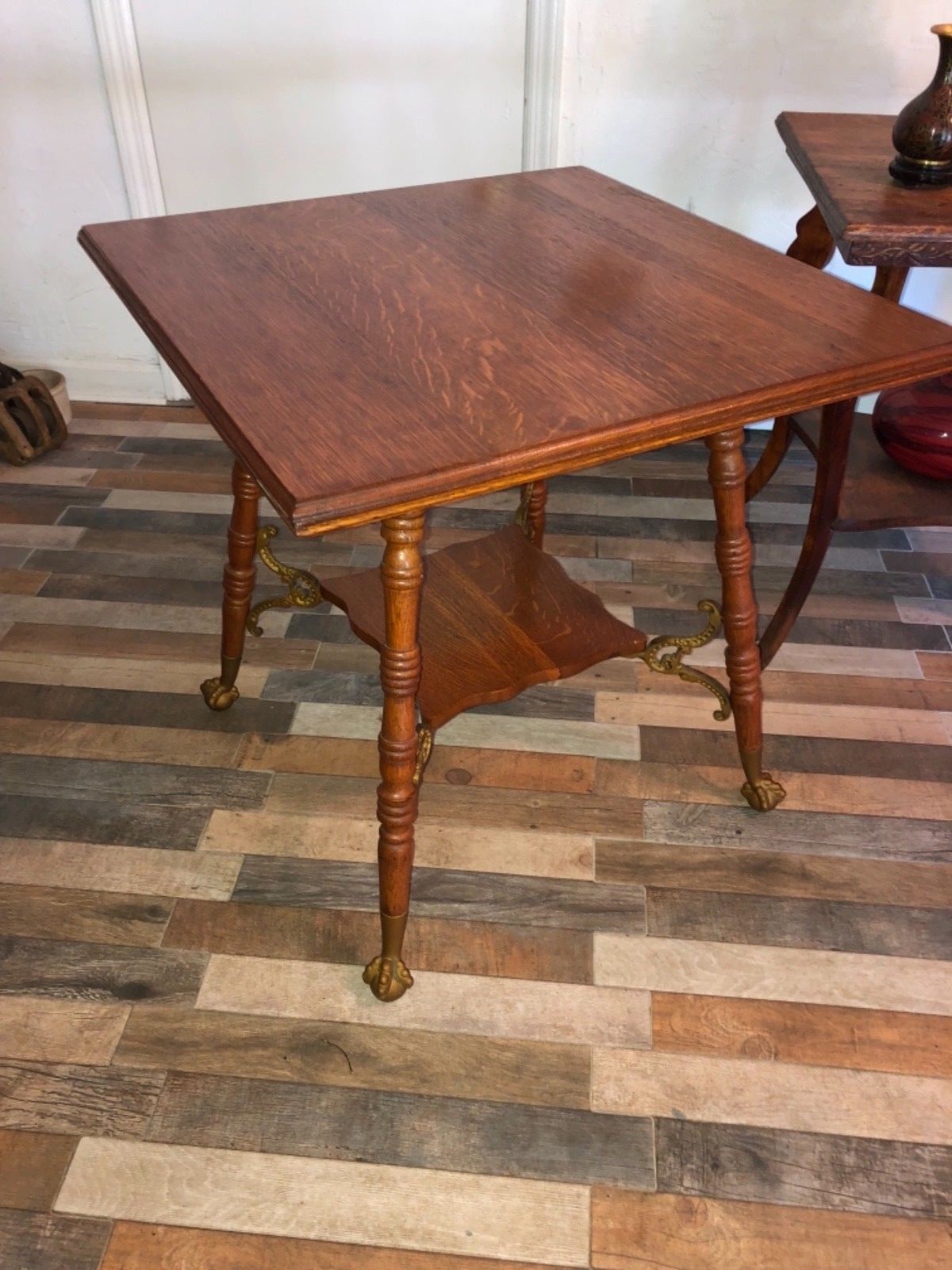Antique Victorian oak Parlor Table~ Metal Accent Brackets & Claw Ball Feet