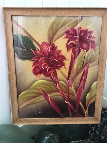 Vintage 1940’s Hale Pua Hawaii Painting by Frank Oda Torch Ginger
