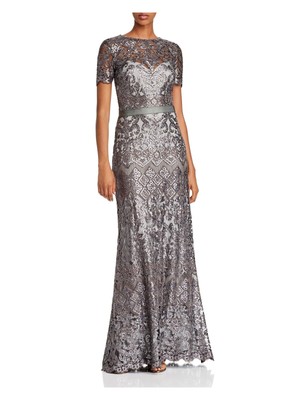 

TADASHI SHOJI Женское серое вечернее платье в полный рост с короткими рукавами и круглым вырезом, Серый