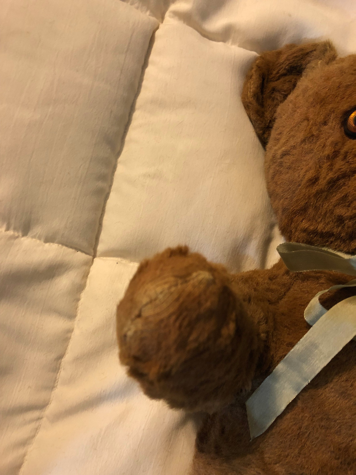 VINTAGE BROWN RIBBON MOHAIR STUFFED TEDDY BEAR DOLL