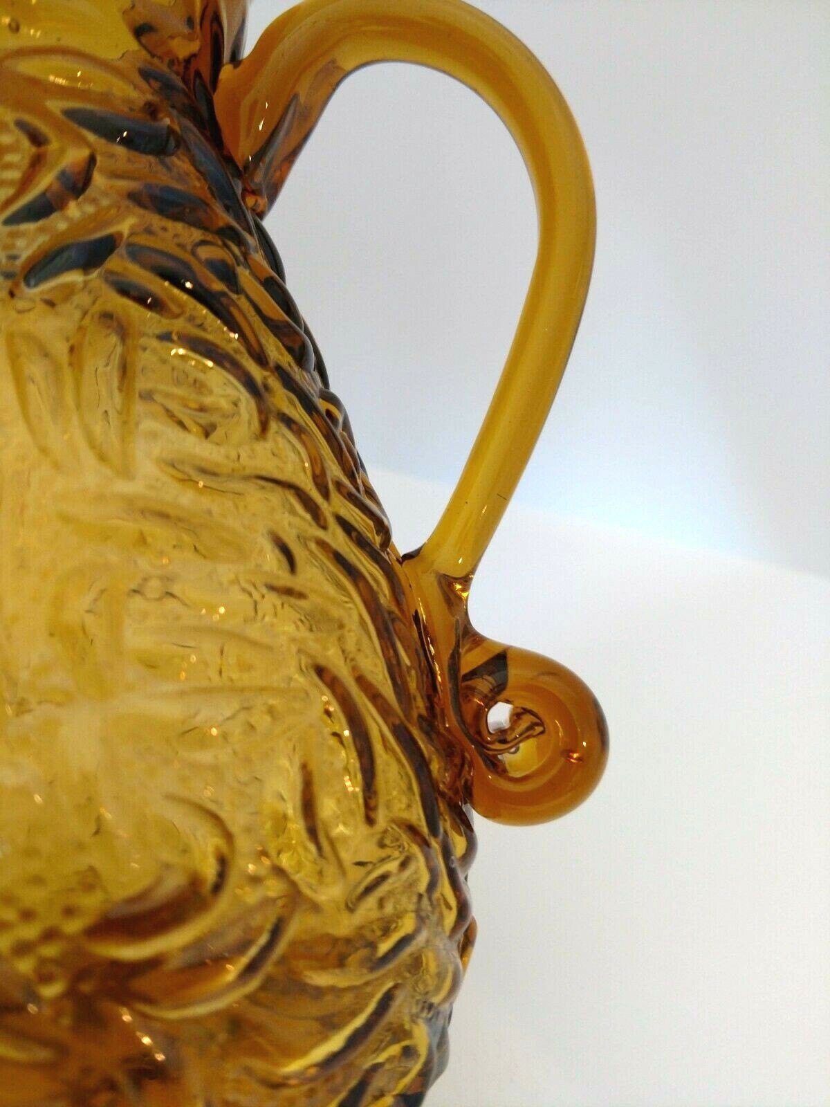 Vintage Amber Glass Beverage Pitcher Decorative Handle Sandwich Pattern 6