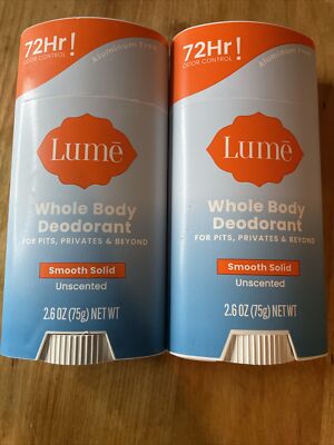 2x Lume Whole Body Smooth Solid Deodorant Unscented 2.6oz each Aluminum Free