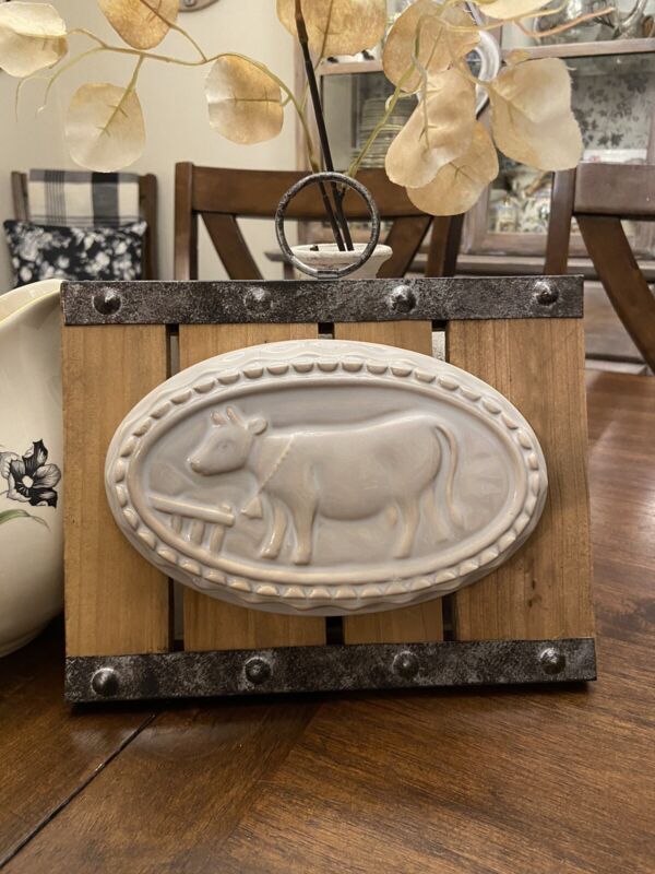 Farmhouse Stoneware Ceramic Cow Mold Country Kitchen Wall Plaque With Wood