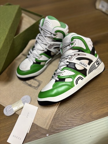 Pre-owned Gucci Basket High Top Basketball Sneakers -white Green Black -men's Us 8/uk 7.5