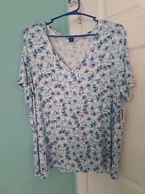 Womens Old Navy Luxe Size XL Blue Floral Pull Over V Neck Short Sleeve