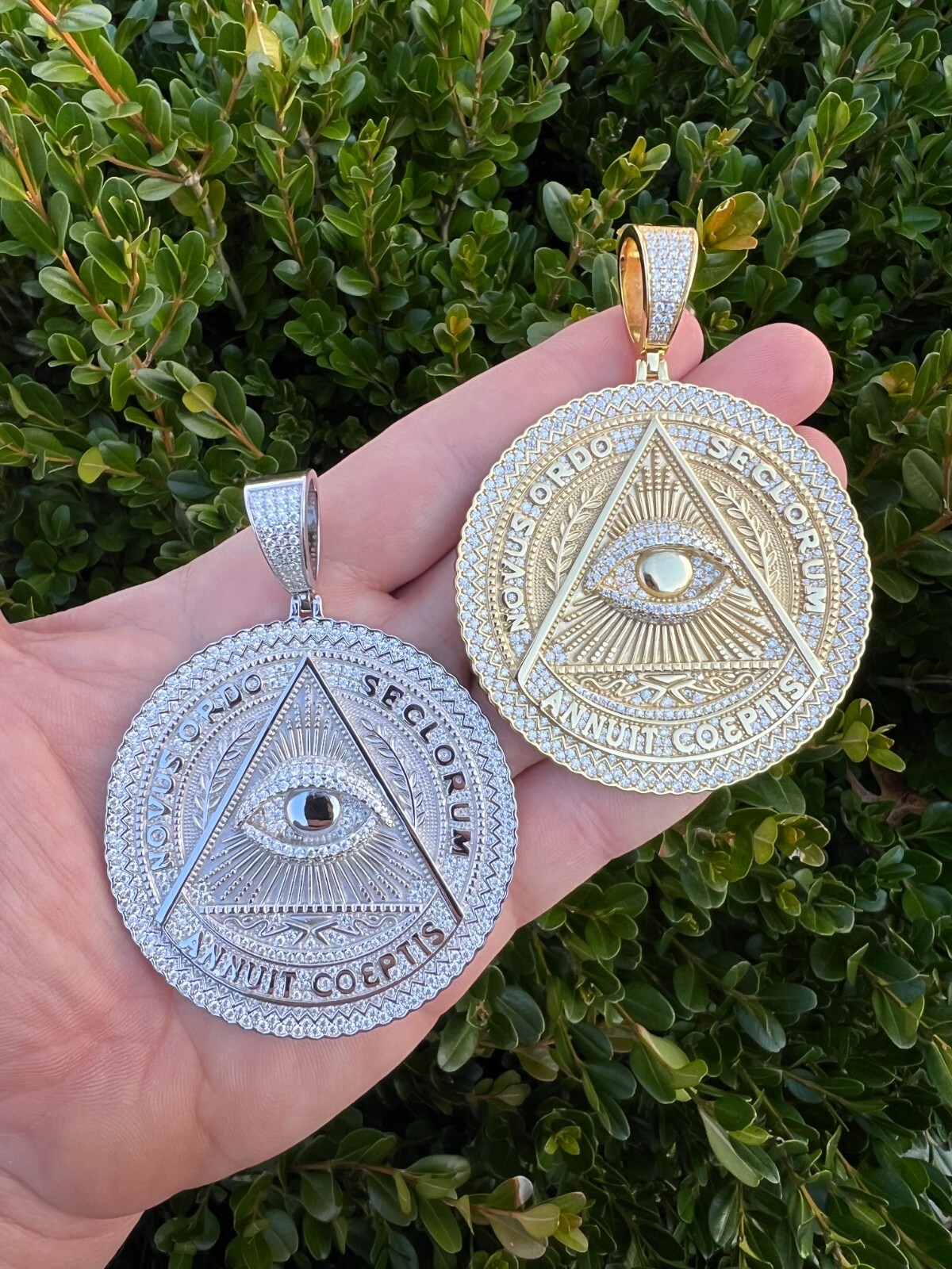 Pre-owned Harlembling Moissanite Huge 3" All Seeing Illuminati Eye Masonic Medallion Necklace Silver