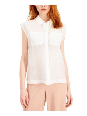 

ALFANI Женский белый прозрачный текстурированный топ без рукавов с острым воротником на пуговицах