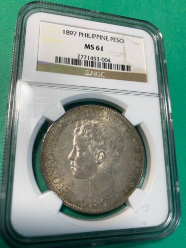 SPAIN PHILIPPINES 1897 SGV UN PESO ALFONSO XIII NGC MS 61 NICE TONE