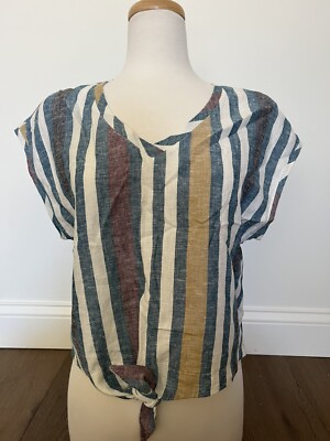 Drew V-Neck Top Striped Linen Tie Front Detail  Womens Size Medium NWOT