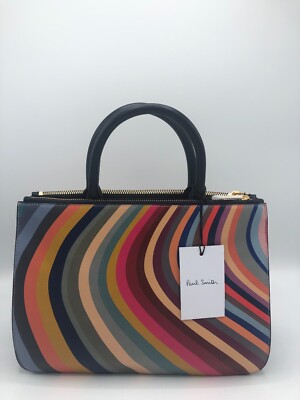 PAUL SMITH PAUL SMITH SWIRL WOMEN'S LEATHER STRIPE 'DOUBLE ZIP' TOTE CROSSBODY HAND BAG