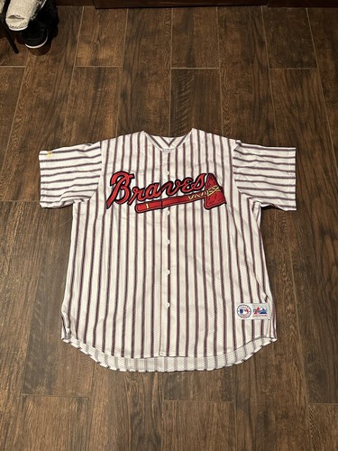 Atlanta Braves Vtg Pinstripe Button Down Majestic Sewn