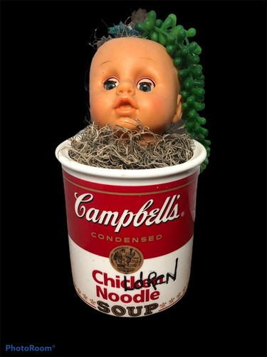 Baby Doll Head Planter- vintage Campbell Soup Macabre Art Faux Succulents  10.5”