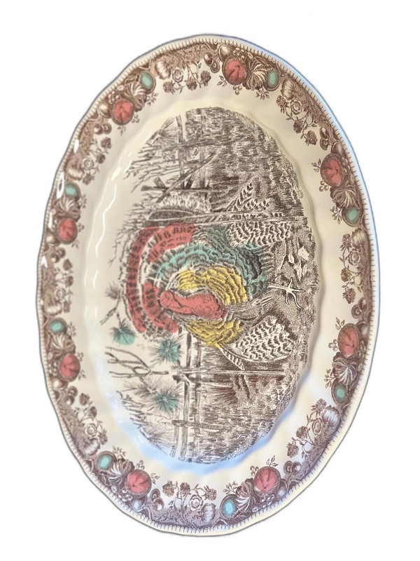 Vintage Thanksgiving Turkey Serving Platter - Brown Transferware