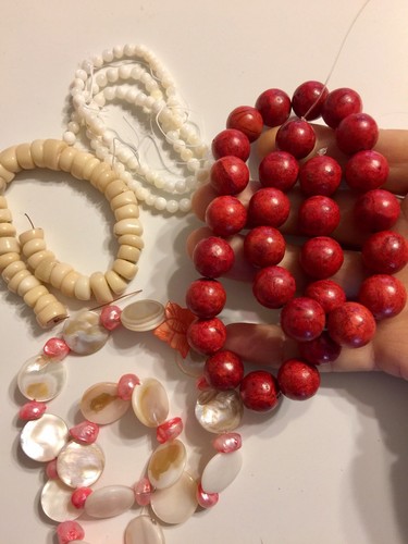 Red Coral, Shell, Freshwater Pearl Natural- 4 Strand, Mix Size, Shape