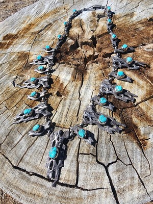 HUGE HEAVY Squash Blossom Real Cholla Cactus Necklace Sleeping Beauty Turquoise 