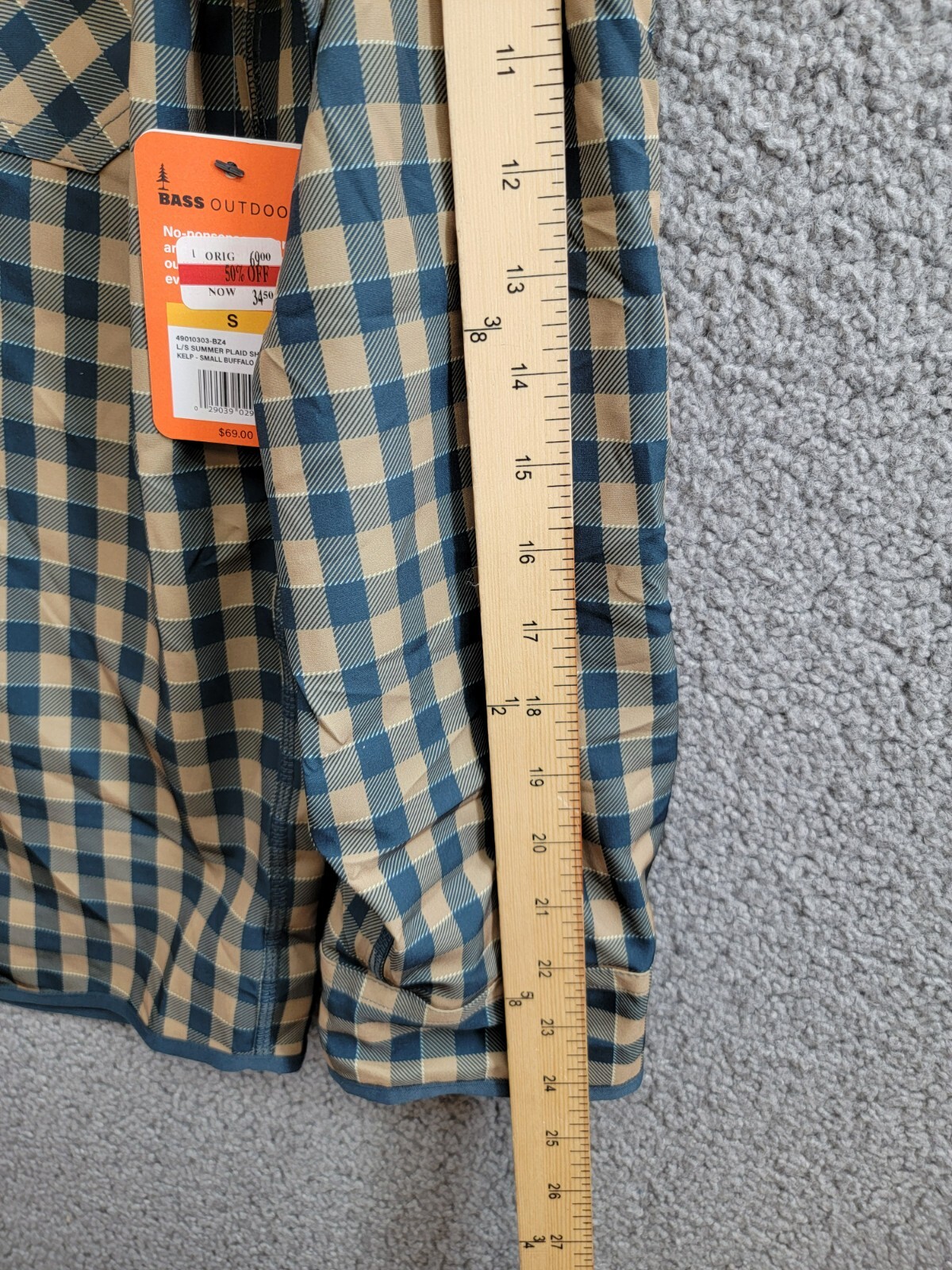 BASS OUTDOOR Cool Plaid Long-Sleeve Shirt Mens S Kelp Small Buffalo Patch Pocket - Picture 5 of 19