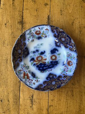 GAUDY WELSH Flow Blue MORNING GLORY Copper Leaves c. 1880s PLATE Earthenware